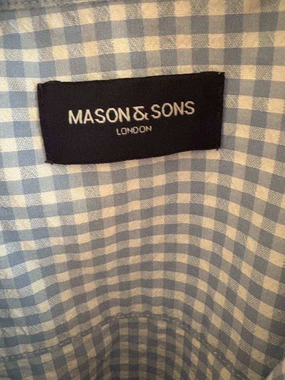 Mason & Sons camp shirt M medium blue and white gingham seersucker James Bond - Picture 6 of 6